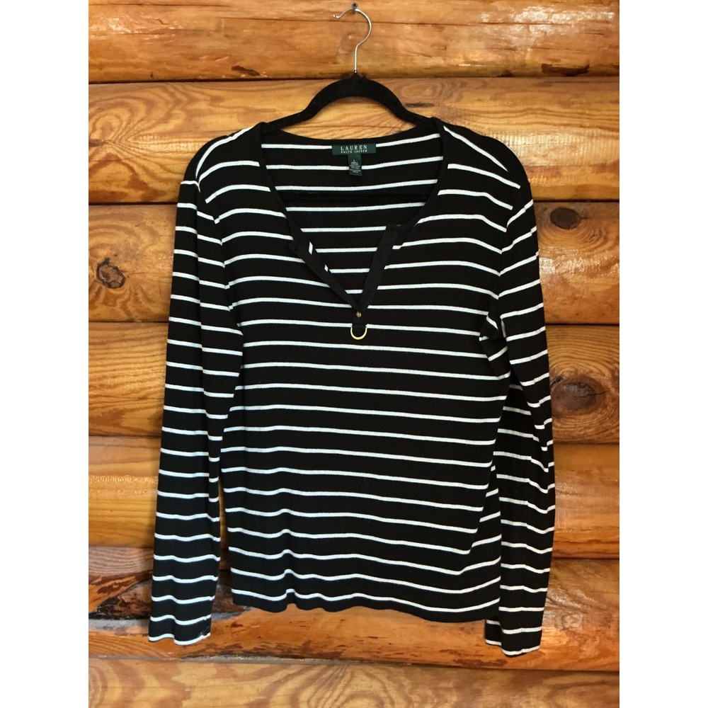 Lauren Ralph Lauren Womens Lg Black White Striped D-Ring Long Sleeve Top Cotton